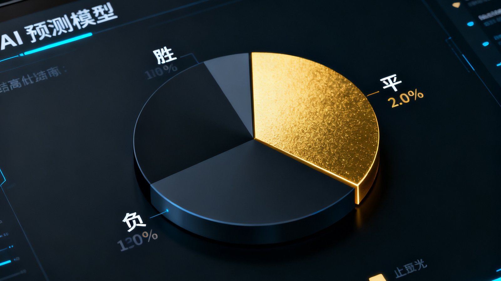 AI预测模型界面，饼图展示胜平负三结果的概率分布，金色高亮显示最高概率选项，深色科技风格界面