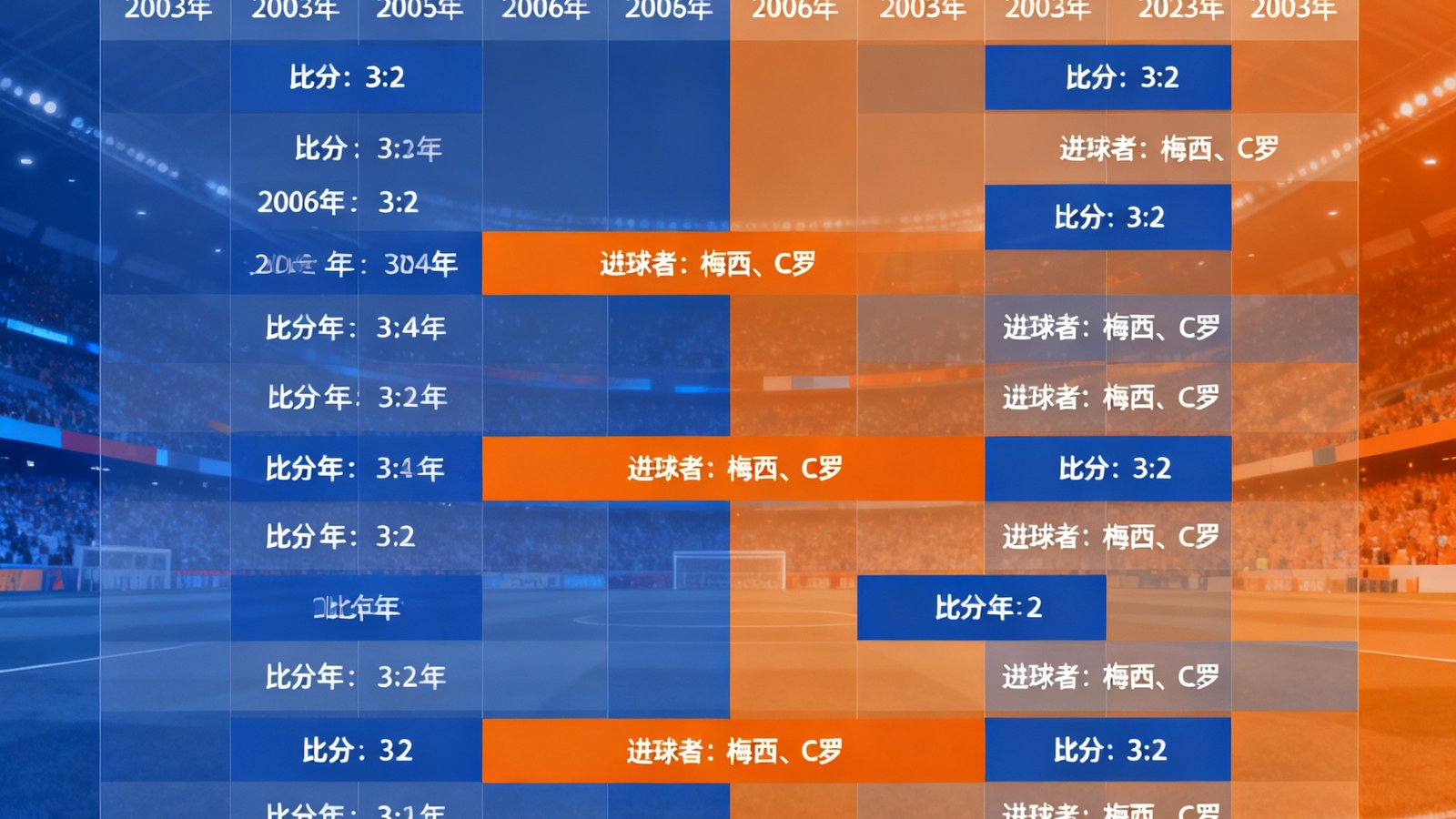 历史交锋记录时间轴界面，横向展示两支国家队过去20年的对战结果，每场比赛标注比分和进球者姓名